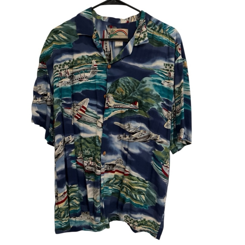Paradise Found Vintage Hawaiian Shirt XL Rayon Honolulu Hawaii Airplane Aloha